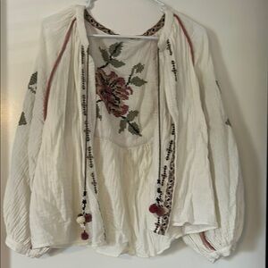 Zara Cream Embroidered Bishop Sleeve Blouse